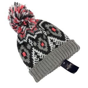 NWT Hollister Knit Pom Pom Beanie Hat Gray Pink
